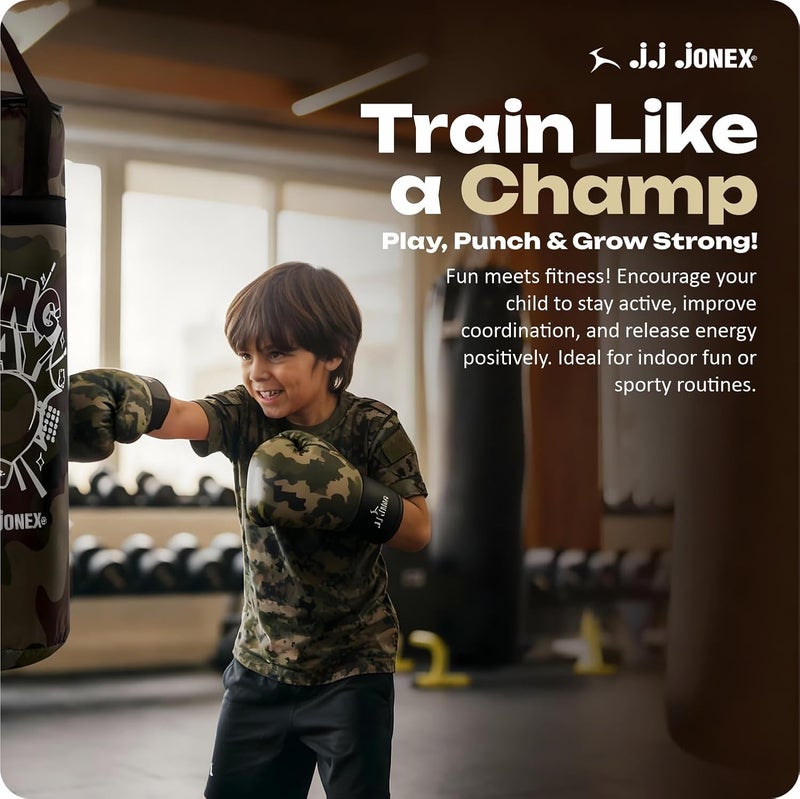 Jonex مجموعة حقيبة الملاكمة للأطفال من JJ Sports - حقيبة ملاكمة ثقيلة، قفازات، MMA، معدات تدريب في المنزل وفنون القتال | للأولاد والبنات من عمر 3 4 5 6 7 8 سنوات | لون تمويه | - Image 3
