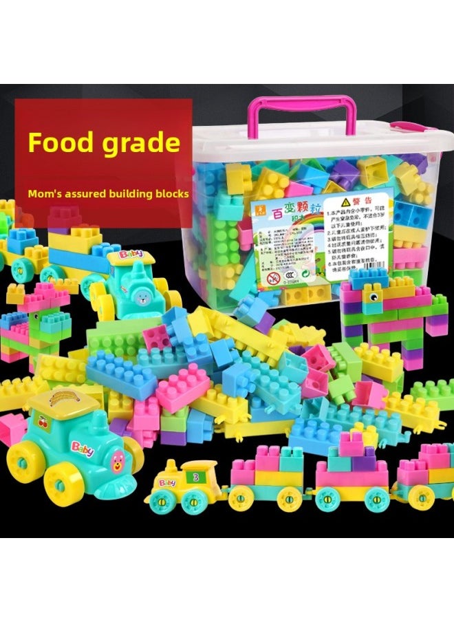 Children's Plastic Building Blocks Table Puzzle Assembled Assembled Toys Puzzle Large Particles Large Baby Intelligence Development Brain-Color:400 Pieces Of Macaron Color [storage Box + Instruction Manual + Eye Stickers + 2 Locomotive Heads] B