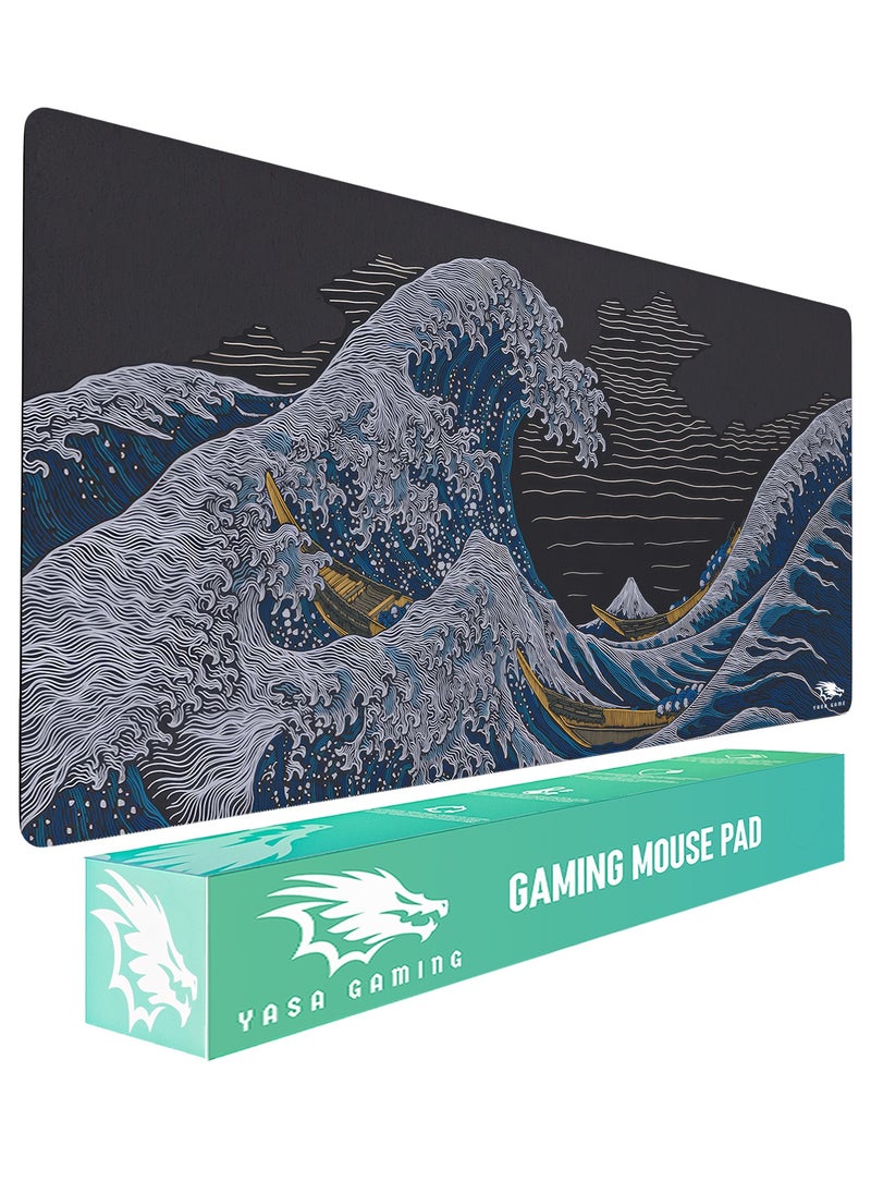 YASA GAME - Extended Large Gaming Mouse Pad 120 X 60 cm XXL Full Desk Art style & Mousepad Non-Slip Rubber Base Big Keyboard Mat with Stitched Edges water resist for Gaming from Yasa ( Wave ) - Image 1