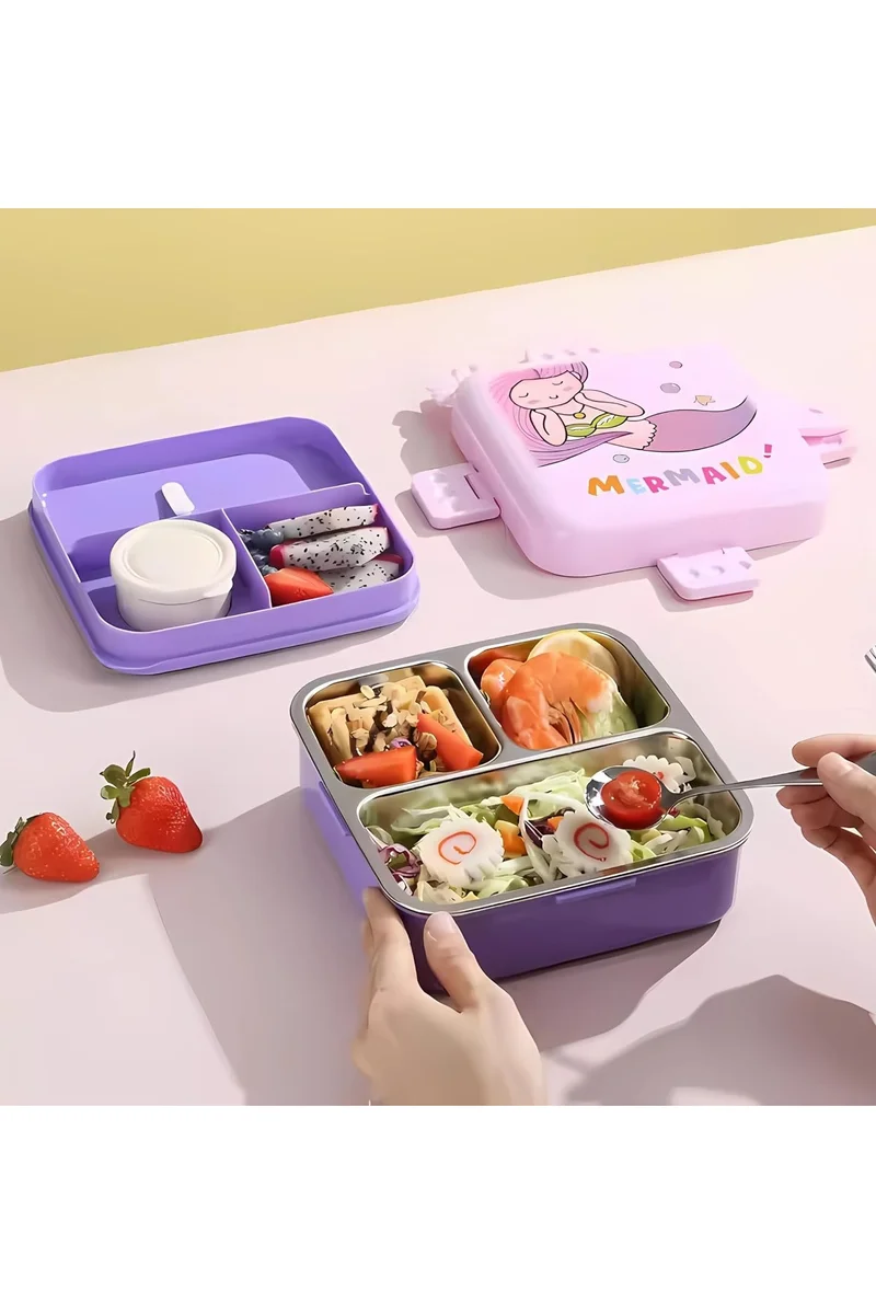 Mobcos Mobcos Kids Lunch Box Stainless Steel Insulated – Double Decker Leakproof Bento Box with Spoon, Soup Bowl, Dishwasher Safe, for School or Travel– Ideal for Children (Mermaid Purple)