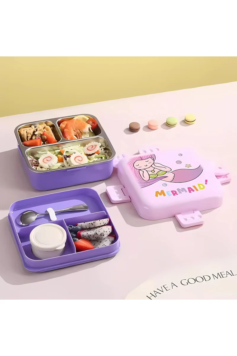 Mobcos Mobcos Kids Lunch Box Stainless Steel Insulated – Double Decker Leakproof Bento Box with Spoon, Soup Bowl, Dishwasher Safe, for School or Travel– Ideal for Children (Mermaid Purple)