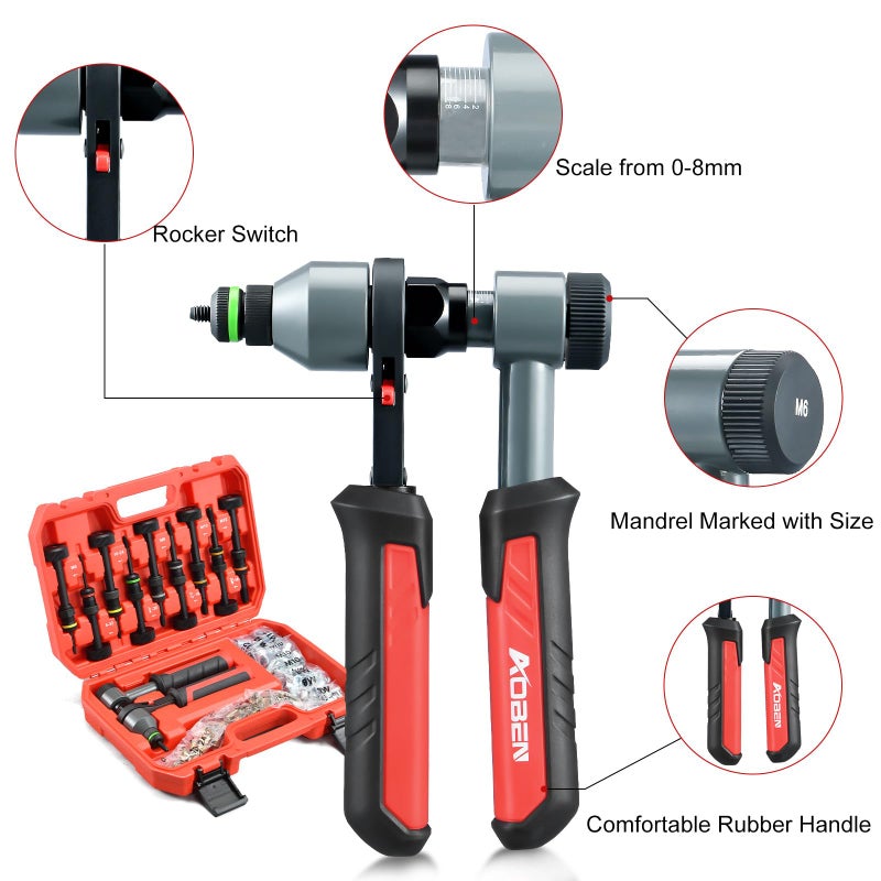 AOBEN Rivet Nut Tool Kit, Nutsert Gun Kit, Upgraded Rivnut Tool with 10 Metric and SAE Madrels, 100 Pcs Rivnuts, and Rugged Carrying Case - Image 2