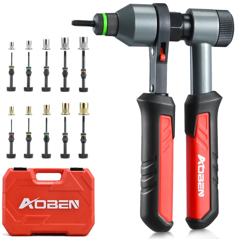 AOBEN Rivet Nut Tool Kit, Nutsert Gun Kit, Upgraded Rivnut Tool with 10 Metric and SAE Madrels, 100 Pcs Rivnuts, and Rugged Carrying Case - Image 1