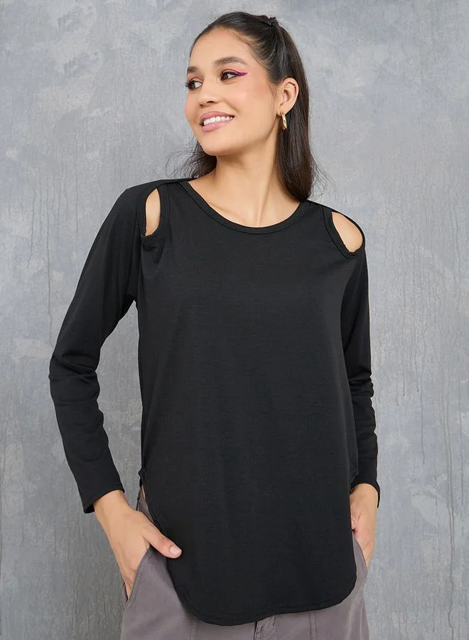 Take Two Cut-Out Shoulder Detail Curved Hem T-Shirt