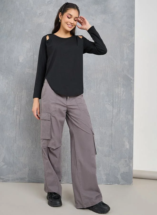 Take Two Cut-Out Shoulder Detail Curved Hem T-Shirt