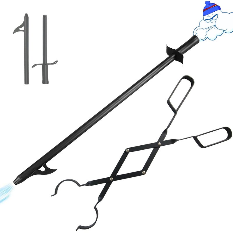 VODA Fire Poker and Fireplace Tongs Set  31 Campfire Poker with Blow Poke Function 24 Firewood Tongs 2 Part Assembled Fire Pit Poker Log Grabber for Firepit Bonfire Wood Stove Fireplace