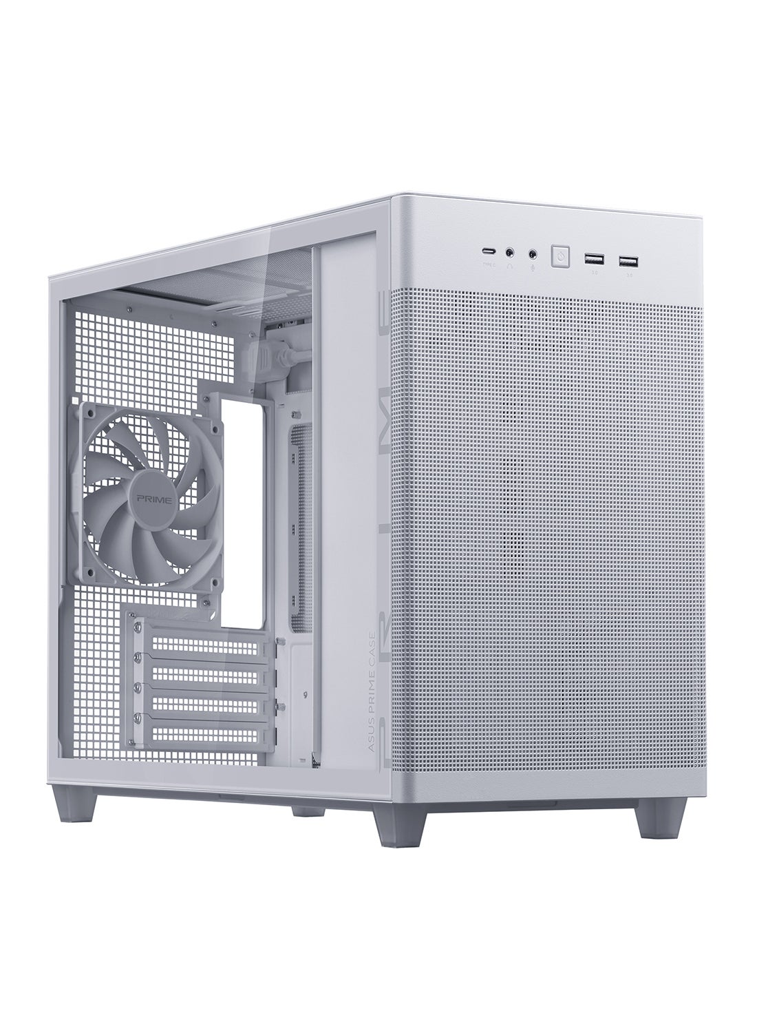 Prime AP201 Tempered Glass MicroATX Case - Small Tower, Supports Micro-ATX & Mini-ITX Motherboards, 1 x 2.5" Drive Bay, 3 x 2.5"/3.5" Combo Bays, 4 Expansion Slots, Front I/O with USB 3.2 Gen 2 Type-C, Top & Rear Radiator Support up to 360mm, 1 x 120mm Rear Fan, 32mm Cable Management, Removable Bottom Dust Filter | 90DC00G3-B39010 White