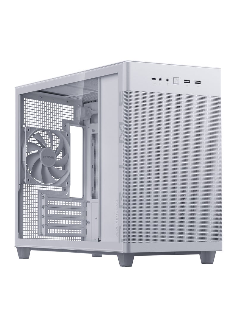 ASUS Prime AP201 Tempered Glass MicroATX Case - Small Tower, Supports Micro-ATX & Mini-ITX Motherboards, 1 x 2.5" Drive Bay, 3 x 2.5"/3.5" Combo Bays, 4 Expansion Slots, Front I/O with USB 3.2 Gen 2 Type-C, Top & Rear Radiator Support up to 360mm, 1 x 120mm Rear Fan, 32mm Cable Management, Removable Bottom Dust Filter | 90DC00G3-B39010 White - Image 1