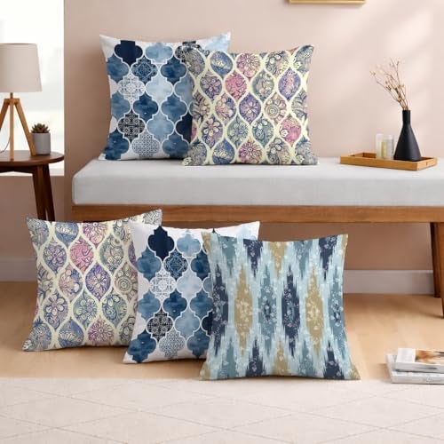 STITCHNEST Set of 5 Polycotton Cushion Covers – 24x24 Inches – Blue & Beige Moroccan and Ikat Print Combo – Elegant Sofa Cushion Covers for Living Room | Perfect for Home Decor - Image 1