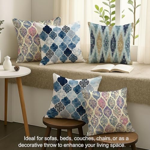 STITCHNEST Set of 5 Polycotton Cushion Covers – 24x24 Inches – Blue & Beige Moroccan and Ikat Print Combo – Elegant Sofa Cushion Covers for Living Room | Perfect for Home Decor - Image 3