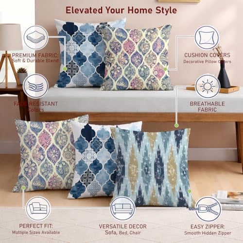 STITCHNEST Set of 5 Polycotton Cushion Covers – 24x24 Inches – Blue & Beige Moroccan and Ikat Print Combo – Elegant Sofa Cushion Covers for Living Room | Perfect for Home Decor - Image 4