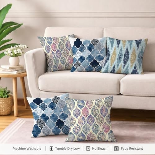 STITCHNEST Set of 5 Polycotton Cushion Covers – 24x24 Inches – Blue & Beige Moroccan and Ikat Print Combo – Elegant Sofa Cushion Covers for Living Room | Perfect for Home Decor - Image 5