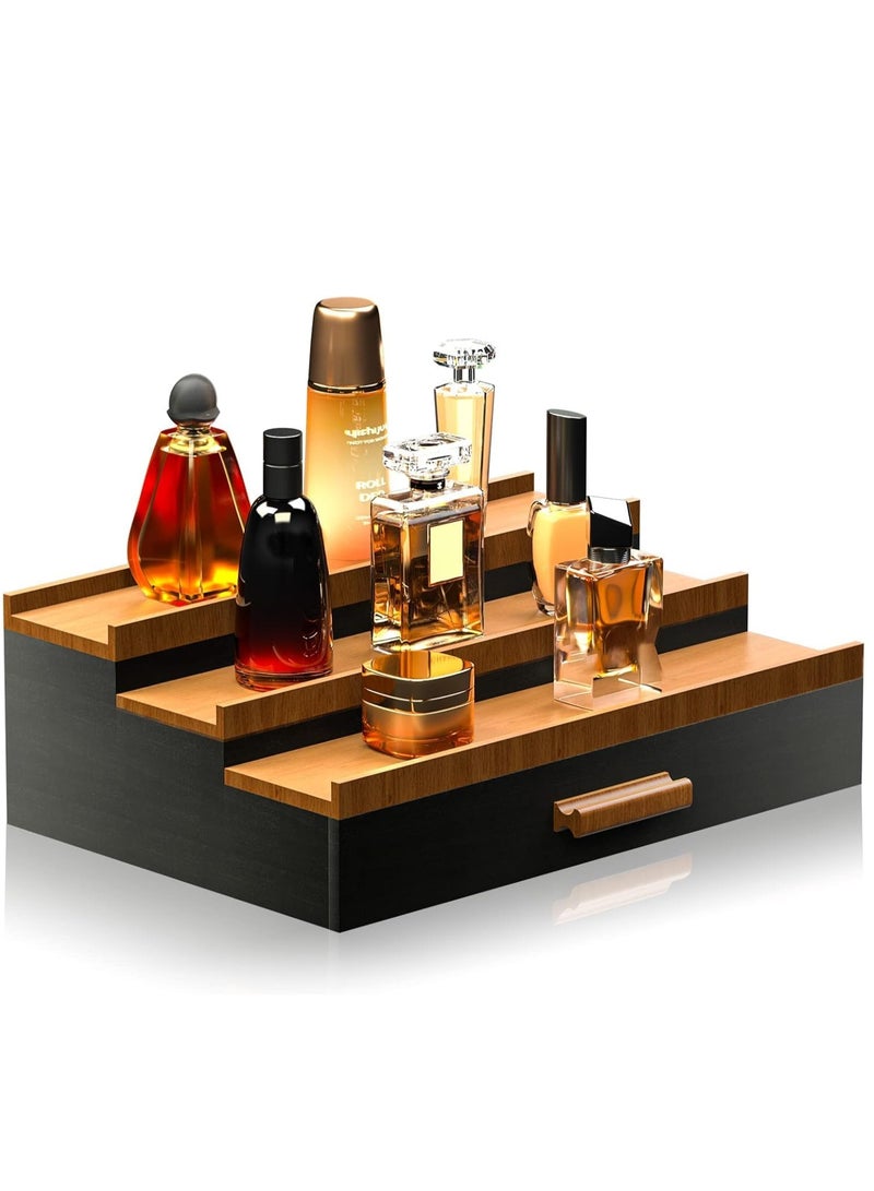 XiuWoo 3 Tier Wood Perfume Display Shelf, Makeup Display Stand Shelf, Bathroom Organizers Storage, Kitchen Spice Bottle Rack, Home Display Rack, Doll Storage Rack, Elevated Cologne Display Stand with Drawer - Image 1