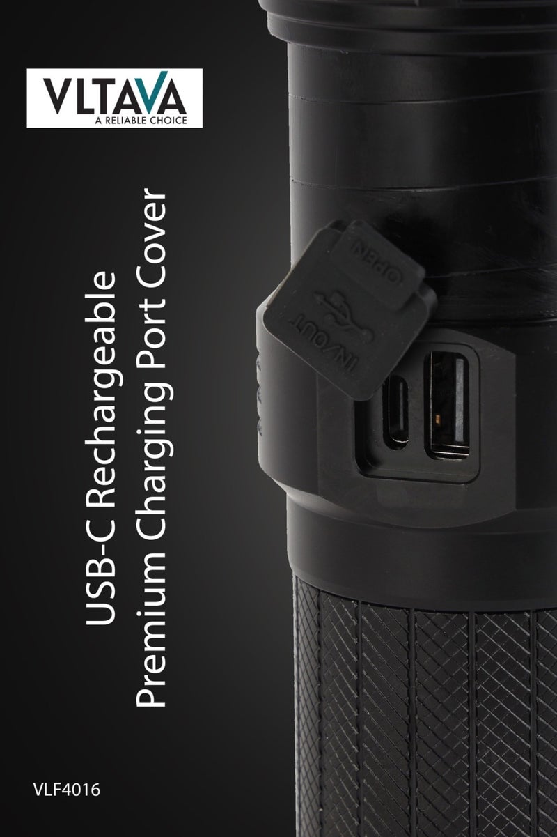 Vltava Premium Flashlight–25W High Power LED, 2800 Lumens | Zoomable, USB-C Rechargeable Torch | Waterproof IP68 (Up to 80ft) | Aircraft Aluminum Body, Mobile Charging, 10000-Hour LED Life, Sleek Black Design VLF4016 - Image 3