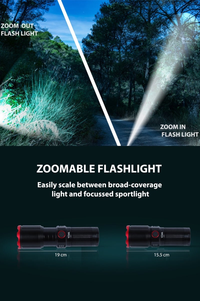 Vltava Premium Flashlight–25W High Power LED, 2800 Lumens | Zoomable, USB-C Rechargeable Torch | Waterproof IP68 (Up to 80ft) | Aircraft Aluminum Body, Mobile Charging, 10000-Hour LED Life, Sleek Black Design VLF4016 - Image 5