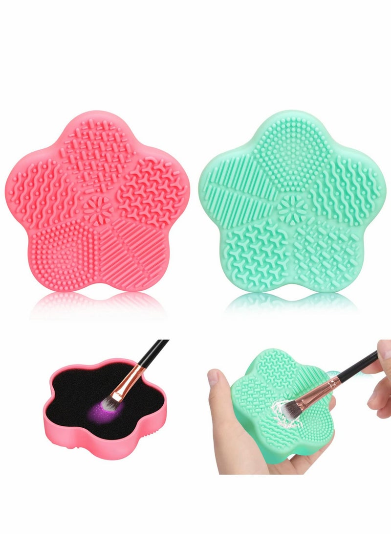 SYOSI 2 Pcs Makeup Brush Cleaning Mat, Cosmetic Brush Cleaning Pad with Color Removal Sponge, 2 in 1 Design Silicone Cleaner Box for Dry Brush Color Switch and Wet Cleaning, Flower Green & Pink - Image 1