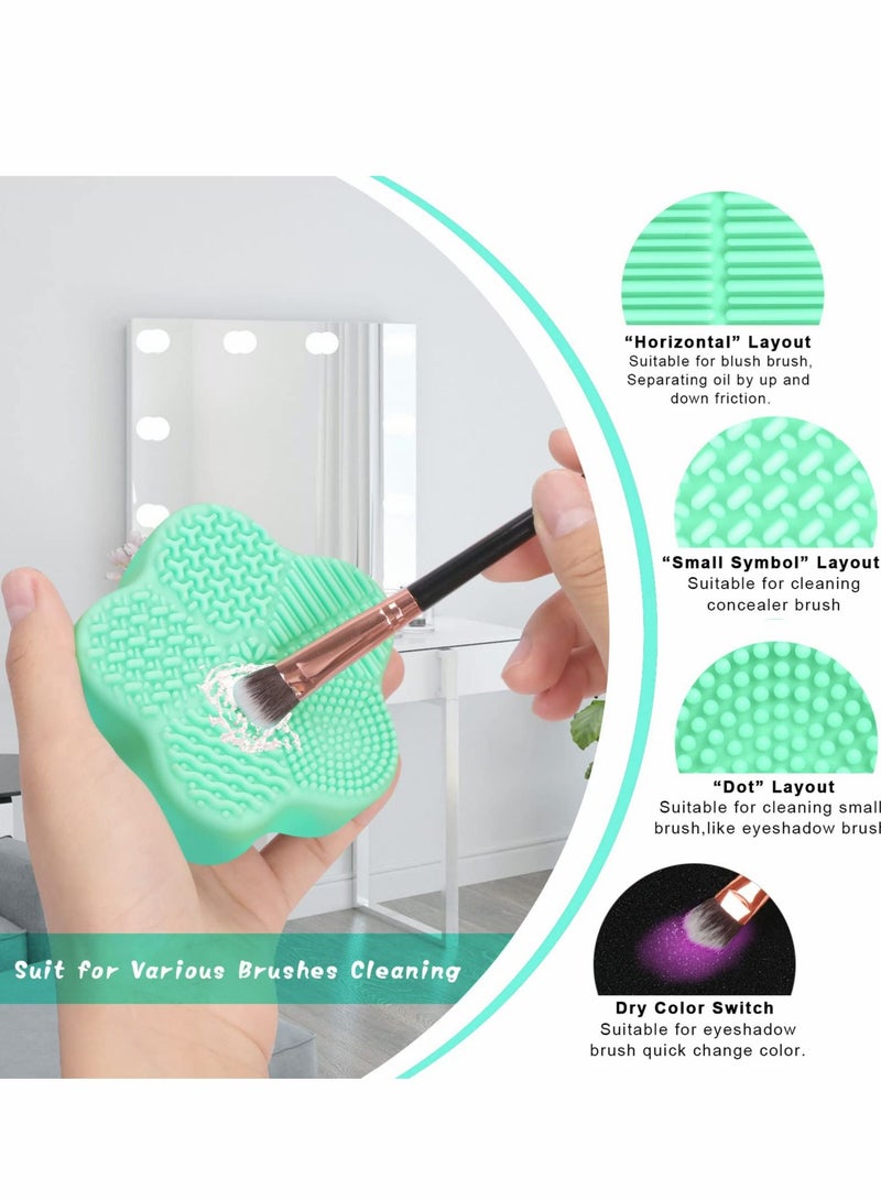 SYOSI 2 Pcs Makeup Brush Cleaning Mat, Cosmetic Brush Cleaning Pad with Color Removal Sponge, 2 in 1 Design Silicone Cleaner Box for Dry Brush Color Switch and Wet Cleaning, Flower Green & Pink - Image 2