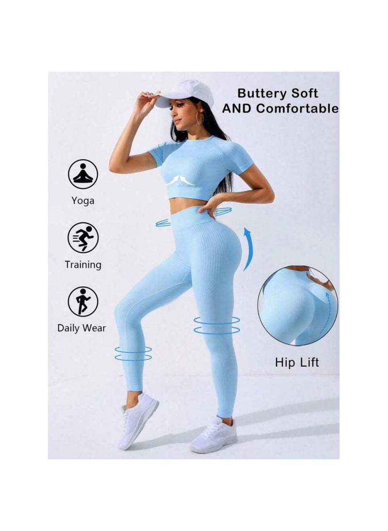 Generic - Seamless 5-Color Yoga Set Short Sleeve Peach Hip Pants Fitness Outfit Light blue - Image 1