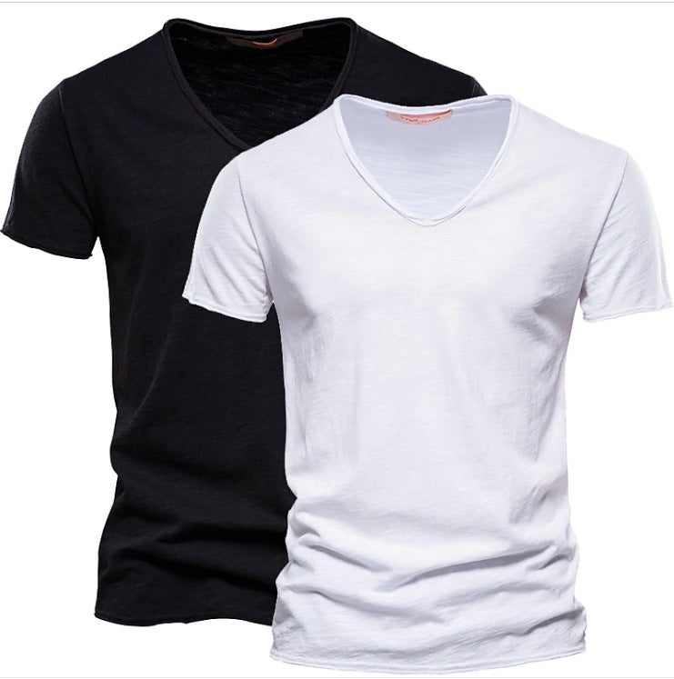 2-Pack Men''s Solid Color Slub Cotton V-Neck Short-Sleeve T-Shirts, Pure Cotton and Style Men''s Clothing, Same Style Trendy Brand, Moisture-Wicking and Sweat-Wicking - Image 3