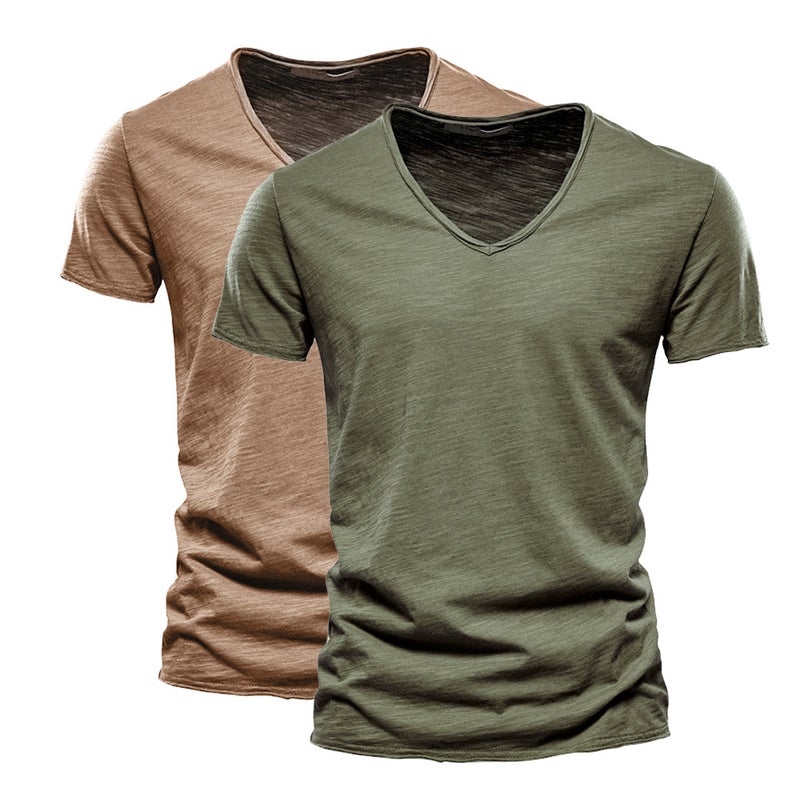 2-Pack Men''s Solid Color Slub Cotton V-Neck Short-Sleeve T-Shirts, Pure Cotton and Style Men''s Clothing, Same Style Trendy Brand, Moisture-Wicking and Sweat-Wicking - Image 1
