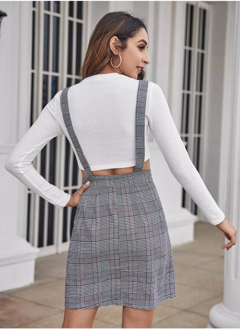 Plaid Button Front Pinafore Skirt