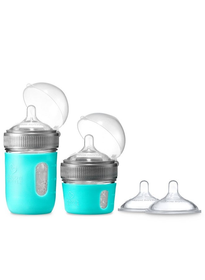 Mason Bottle The Essential Gift Set Glass Baby Bottles 4 And 8 Ounce Silicone Sleeve Slowflow Nipple (2 Pack) Nontoxic Bpa And Bps Free 100% Made In The Usa (5 Items Agave) - Image 1