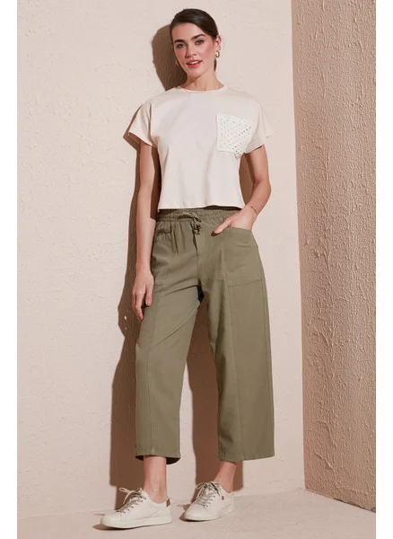 ليلا Cotton Relaxed Fit High Waist Wide Crop Trousers Women's Pants 668yp5318