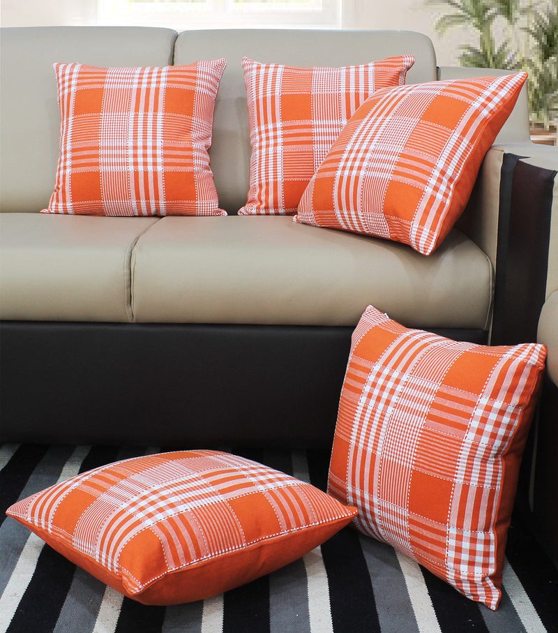 AIRWILL Cotton Track Dobby Orange Themed Cushion Covers for Cushions & Pillows (Orange & White, Pack of 5) - Image 1