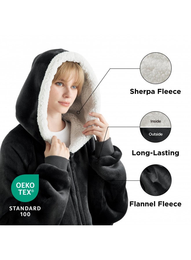 Bedsure Bedsure Wearable Blanket Hoodie with Zipper - Sherpa Hooded Blanket Jacket as Warm Gifts for Girlfriend Mom Women Men in Winter, Zip up Sweatshirt Blanket with Sleeves with Giant Pocket Grey Black - Image 1