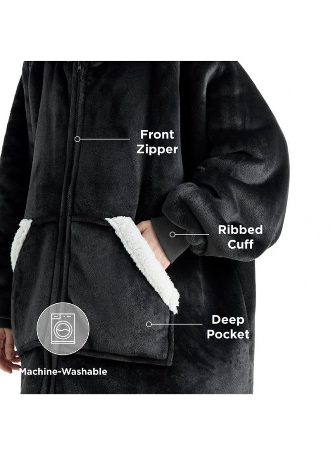 Bedsure Bedsure Wearable Blanket Hoodie with Zipper - Sherpa Hooded Blanket Jacket as Warm Gifts for Girlfriend Mom Women Men in Winter, Zip up Sweatshirt Blanket with Sleeves with Giant Pocket Grey Black - Image 2
