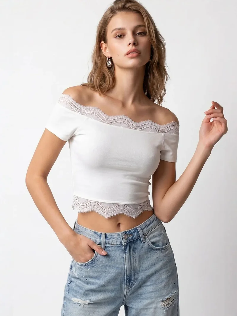 Mixray White MIXRAY Embroidered Slim-fit Boat Neck Crop Top for Women | Best Price UAE