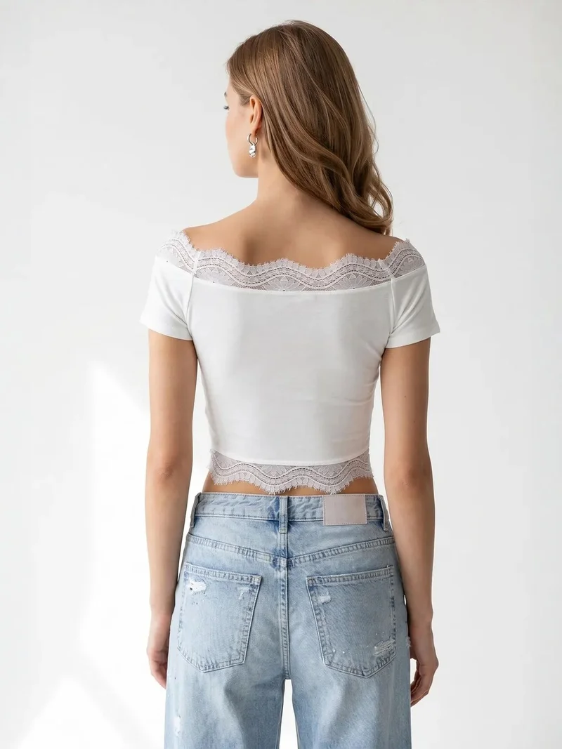 Mixray White MIXRAY Embroidered Slim-fit Boat Neck Crop Top for Women | Best Price UAE
