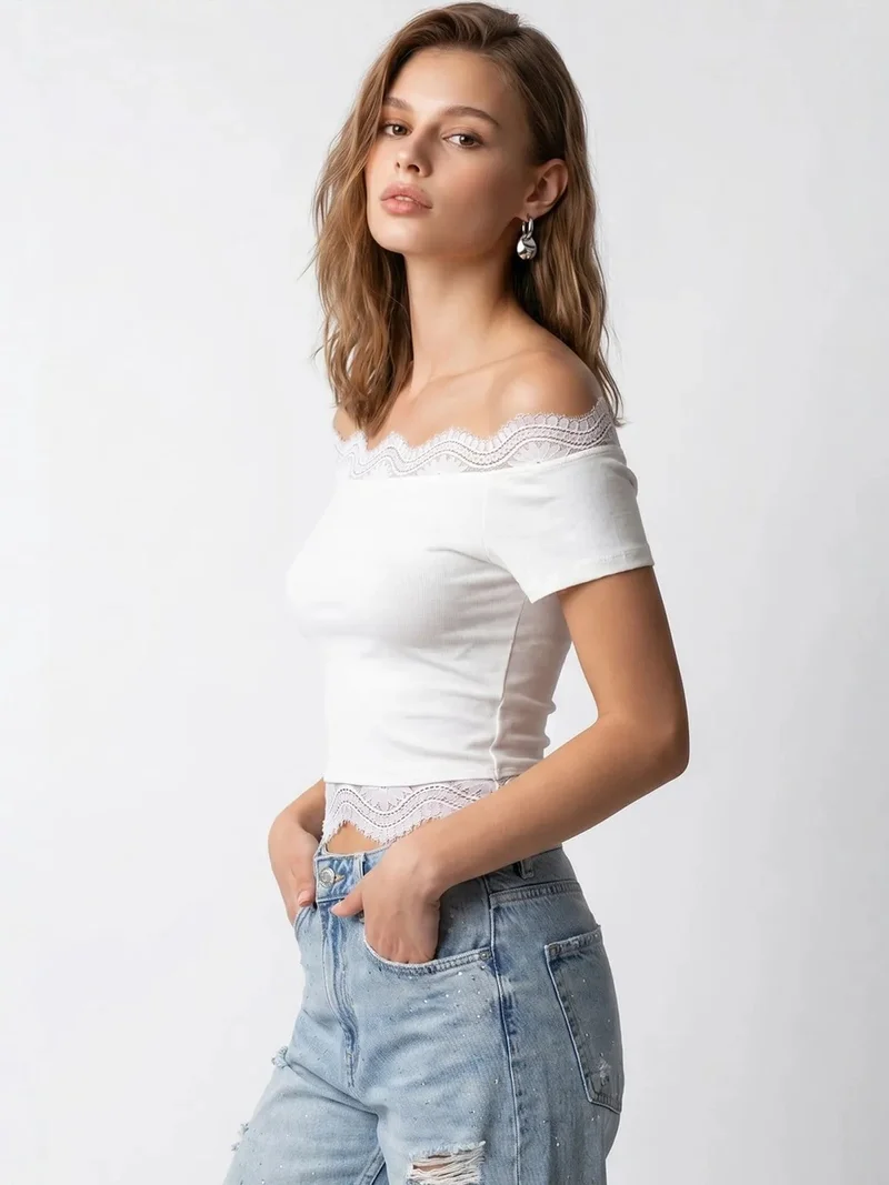 Mixray White MIXRAY Embroidered Slim-fit Boat Neck Crop Top for Women | Best Price UAE