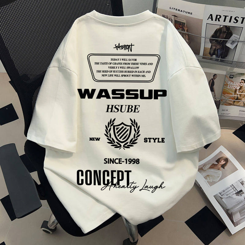 WASSUP American high street English print pure cotton men's and women's short-sleeved trendy white top ins summer T-shirt - Image 1