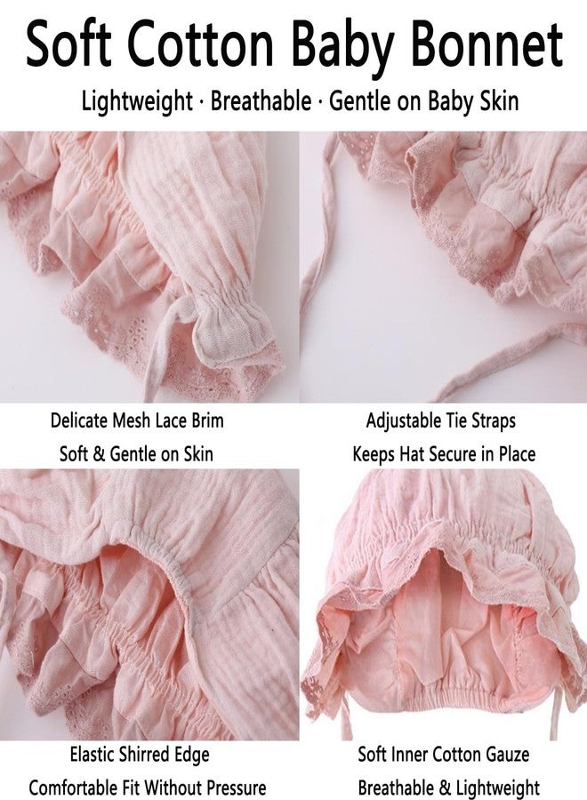 CaySep Baby Girl Boy Lace Cotton Bonnet Soft Breathable Adjustable Sun Protection Hat for Infant Newborn Toddler Pink - Image 2