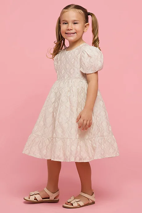 أر أند بي Patterned Fit & Flare Dress with Crew Neck and Balloon Sleeves
