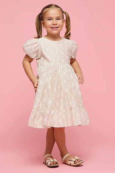 أر أند بي Patterned Fit & Flare Dress with Crew Neck and Balloon Sleeves