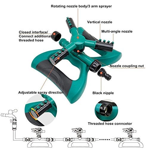 Harions Garden Sprinkler 3 Arms Adjustable Sprinkler System for Watering Garden Lawn Yard Irrigation (Green) - Image 2