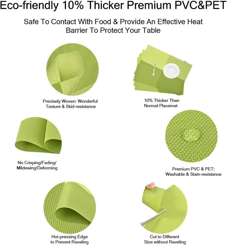 LUCCI Placemats HeatResistant Woven Vinyl Placemat NonSlip Washable PVC Table Mat Easy to Clean Premium Plastic Mats for Dining Kitchen Table Set of 6 Green - Image 4
