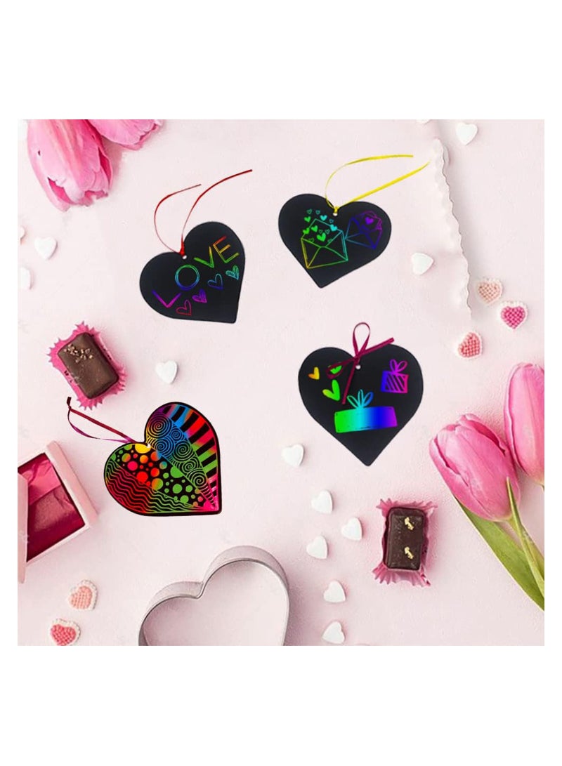 Excefore 96 Pieces Scratch Paper Art Rainbow Heart-Shaped Scratch Craft Art with Wooden Styluses and Ribbons for Kids Decorative Arts and Crafts Wedding - Image 4