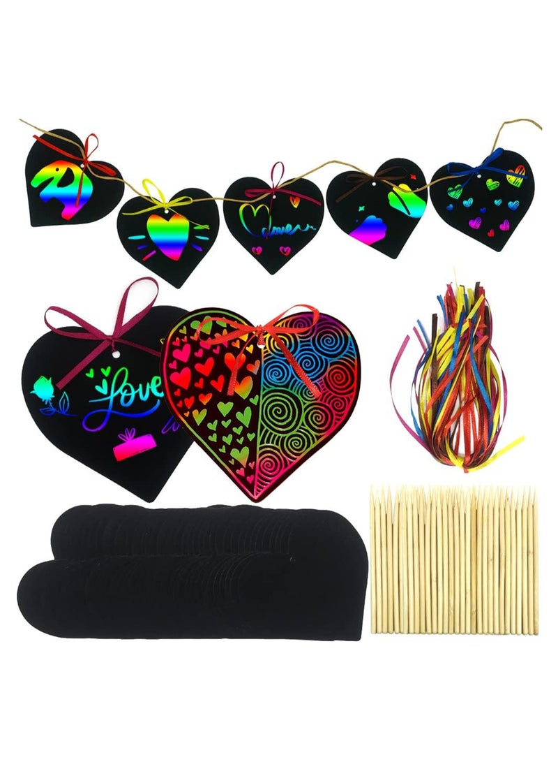 Excefore 96 Pieces Scratch Paper Art Rainbow Heart-Shaped Scratch Craft Art with Wooden Styluses and Ribbons for Kids Decorative Arts and Crafts Wedding - Image 1