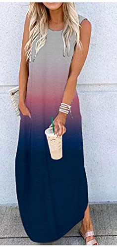 CHUNTIANRAN Women's 2023 Casual Loose Sundress Maxi Dress Sleeveless Summer Beach Long Dresses Vacation T Shirts Dress with Pockets(Gradient, Small) - Image 2