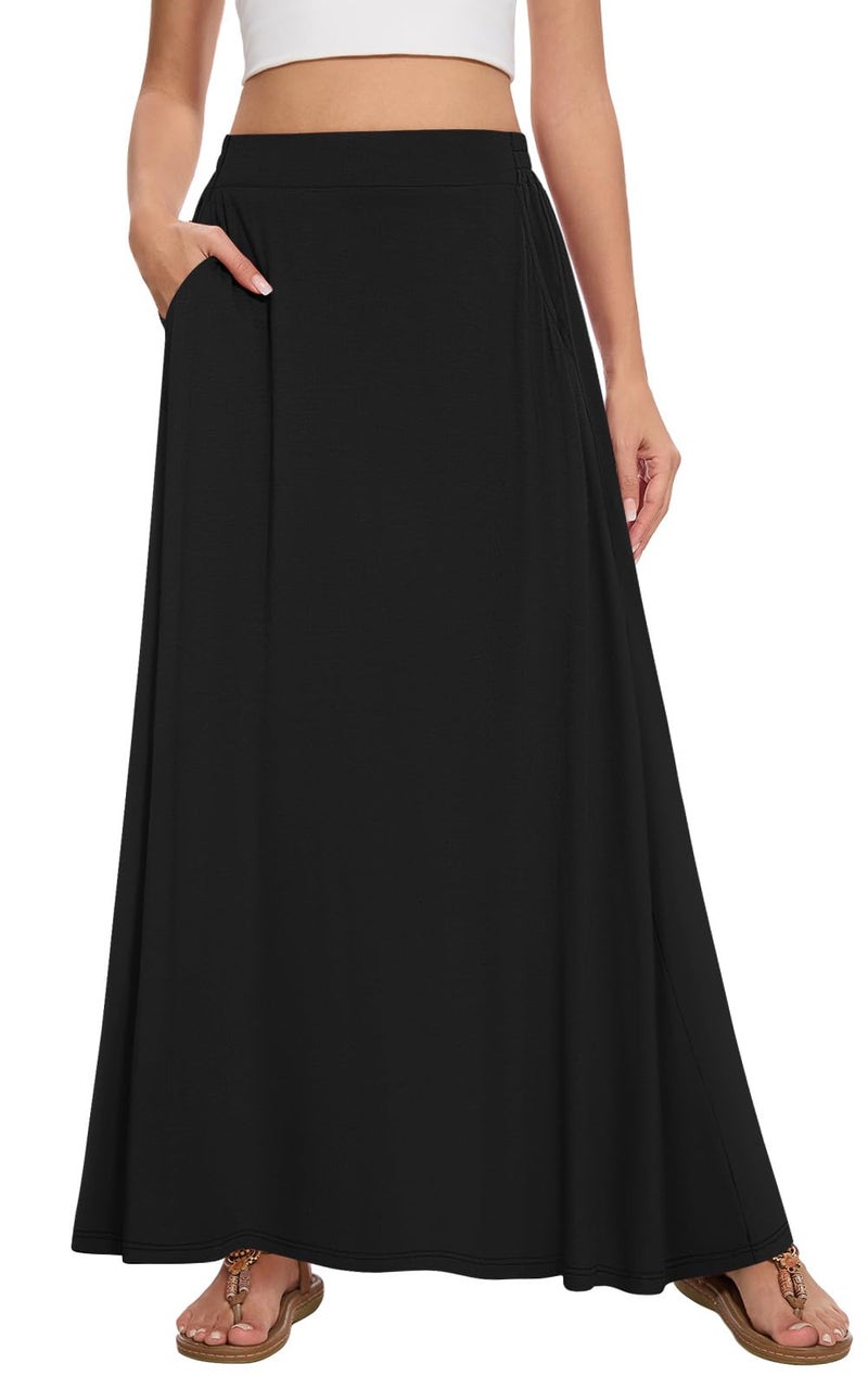Leafsay Womens Maxi A-line Long Summer Skirt Elastic High Waist Flowy Skirt with Pockets(Black,L) - Image 1