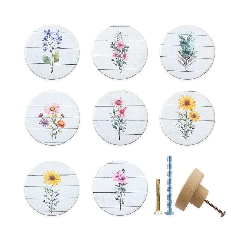 Lasyman 8 Pack Wooden Boho Botanical Wildflower Flower Sunflower Flat Wood Knob Kids Cabinet Dresser Drawer Handle Knobs and Pulls - Image 2