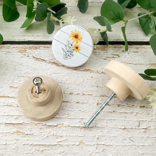 Lasyman 8 Pack Wooden Boho Botanical Wildflower Flower Sunflower Flat Wood Knob Kids Cabinet Dresser Drawer Handle Knobs and Pulls - Image 3