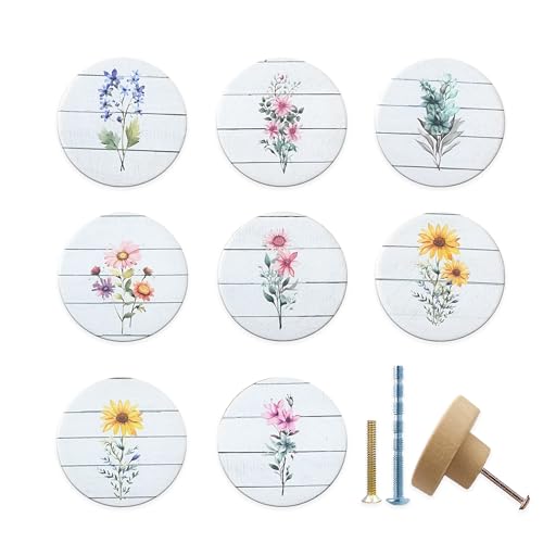 Lasyman 8 Pack Wooden Boho Botanical Wildflower Flower Sunflower Flat Wood Knob Kids Cabinet Dresser Drawer Handle Knobs and Pulls - Image 1
