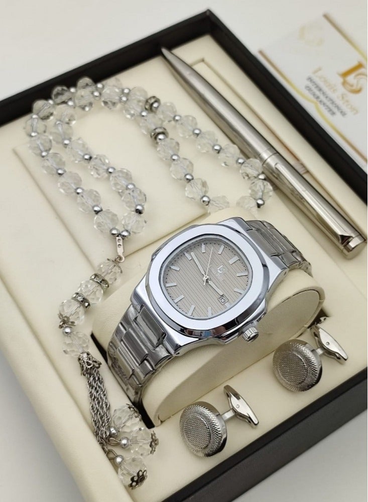 Louis Ston A gift set for a high-quality men's watch from Louis Ston, with a silver bracelet and a gray dial with the date display 