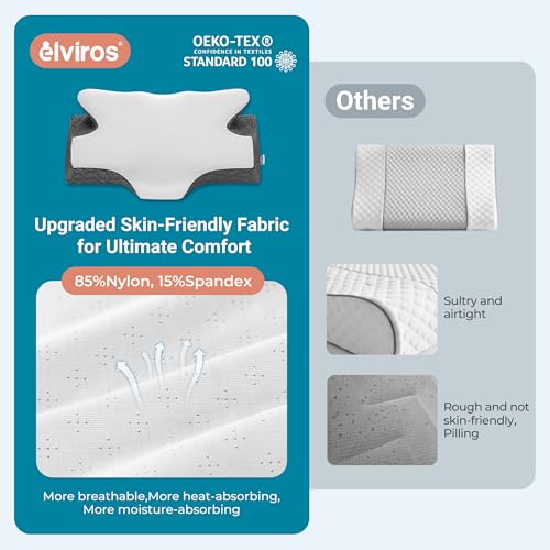 Elviros Cervical Neck Pillow for Sleeping, Memory Foam Pillow for Neck Pain Relief, Side Sleeper Cooling Pillows for Adults, Neck Support with Removable Pillowcase for Back & Stomach Sleepers - Image 5