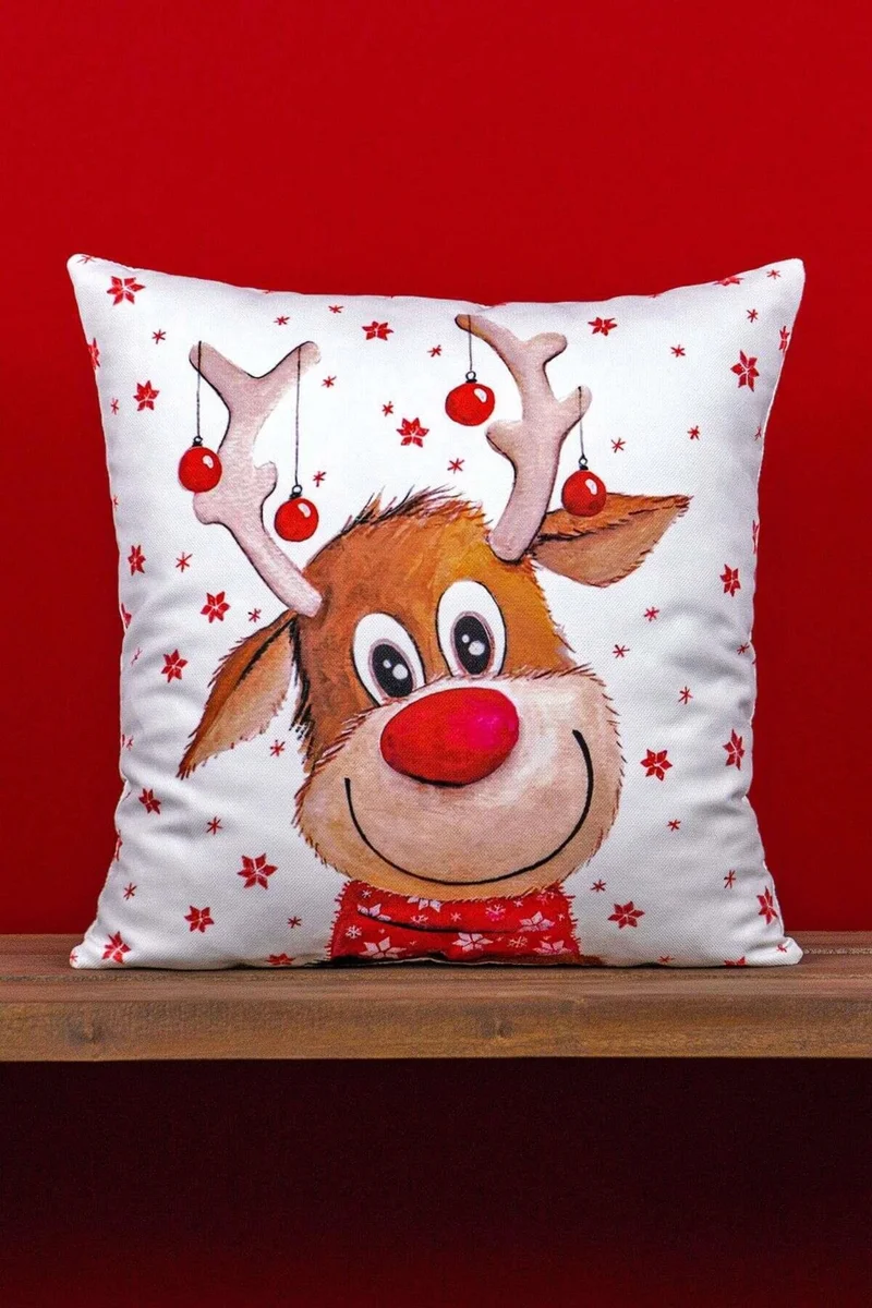 Cango Home Double Sided Red Deer New Year Themed Digital Printed Throw Pillow Cover -CGH1358-CT