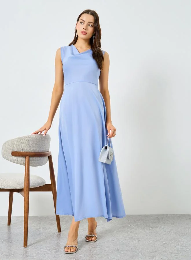 Take Two Blue Solid Cowl Neck Maxi Dress